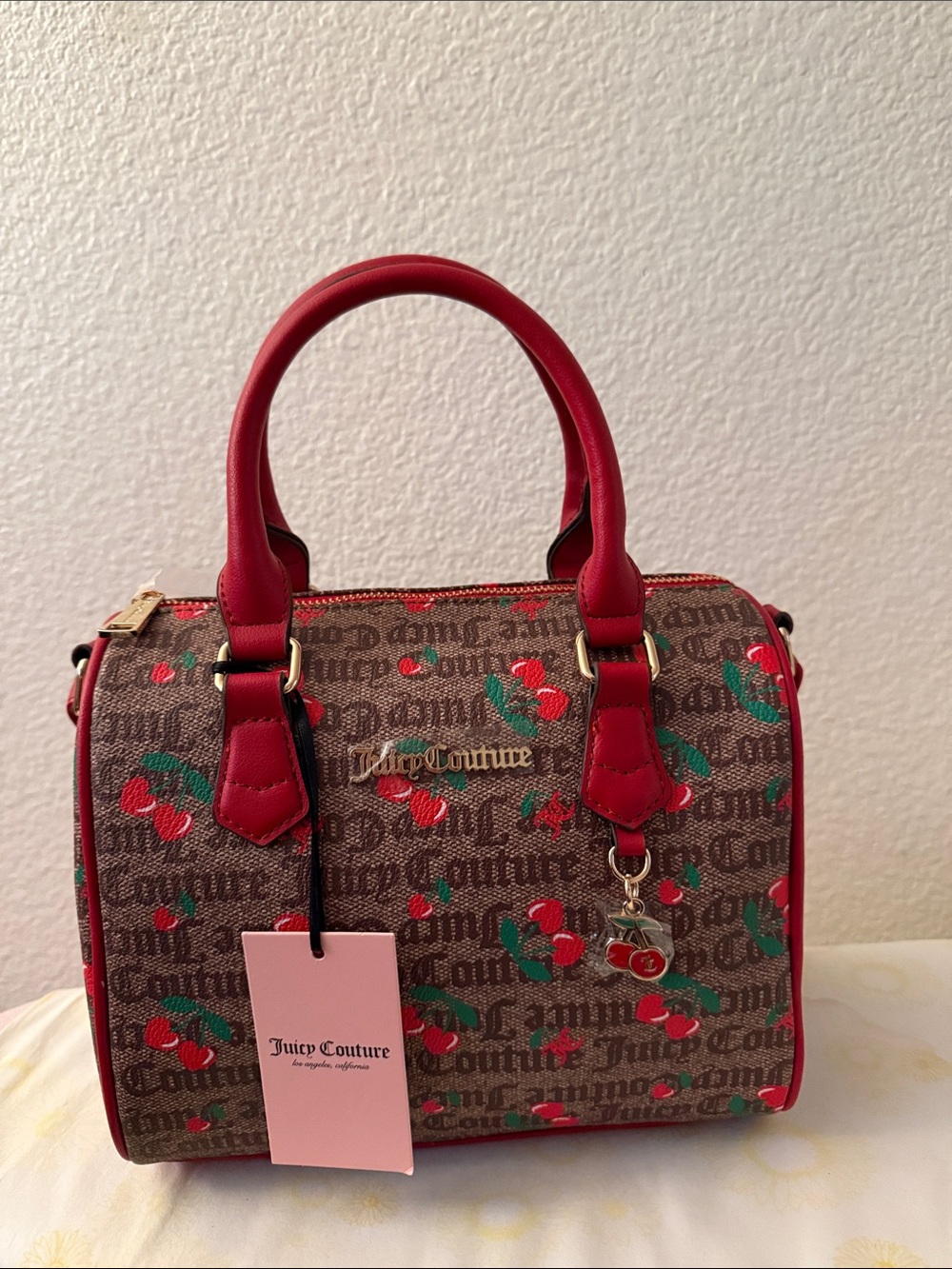 Juicy Couture Brown Cherry Print Satchel with Red Trim